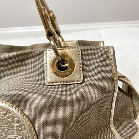 Michael Kors Gold Canvas Leather Tote Bag - Picture 2 of 14